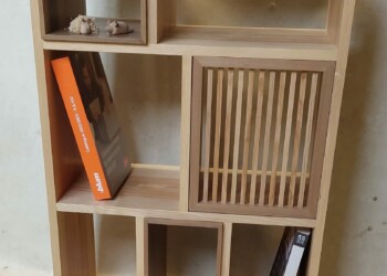 Petite bibliothèque en frêne olivier. Casiers intégrés en noyer.