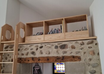 Bibliothèque et échelle en frêne blanc.